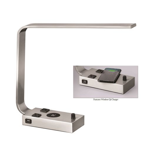 Medallion LED Desk Lamp, 16"H, 2 Outlets, 2 USB Ports, 1 Wireless Charger, Brushed Steel